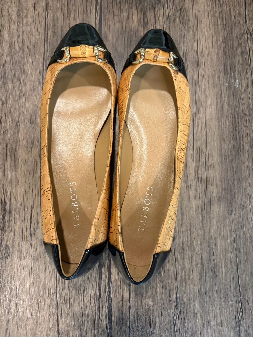 TALBOTS Cork Bamboo Ballet Flats 9 Patent Leather Black Workwear Casual Luxury